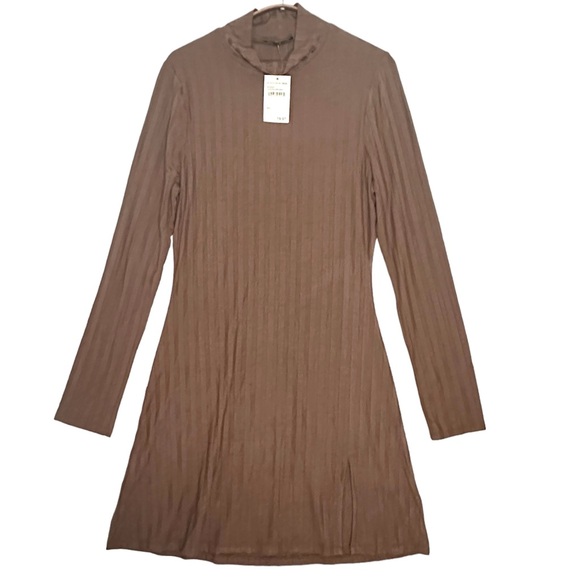 Love Tree Women's Brown Rib Knit Mock Neck Mini Dress with Side Slit Size L - Picture 2 of 9